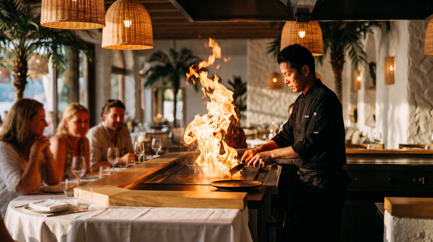Lo chef al grill Teppanyaki davanti agli ospiti